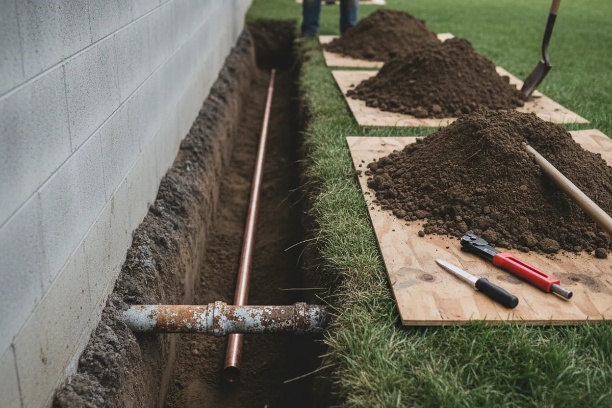 Excavated water line trench during Water Softener Installation in Pinnacle